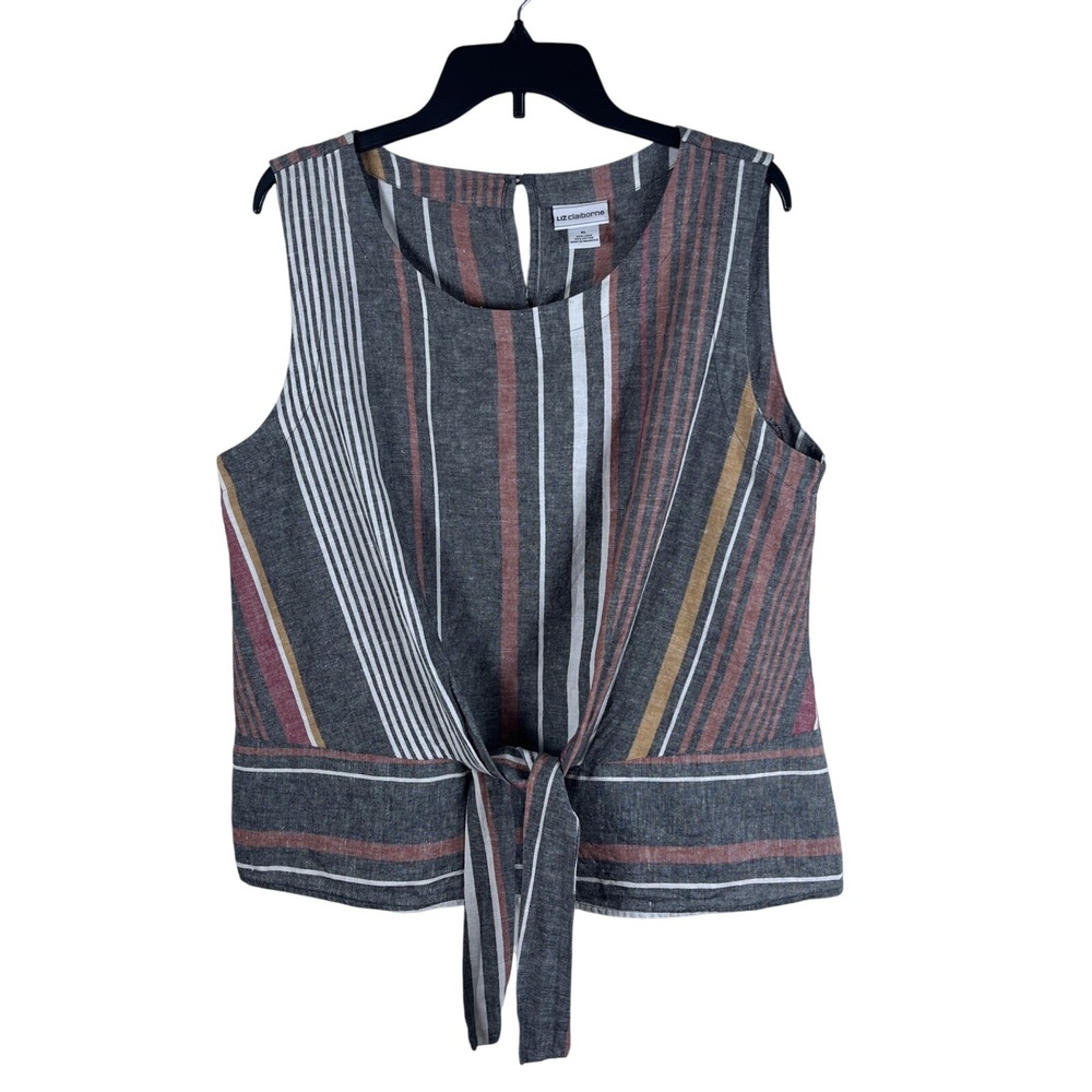 Liz Claiborne XL Linen Cotton Sleeveless Top Front Tie Boho‎ Chic Coastal 90's
